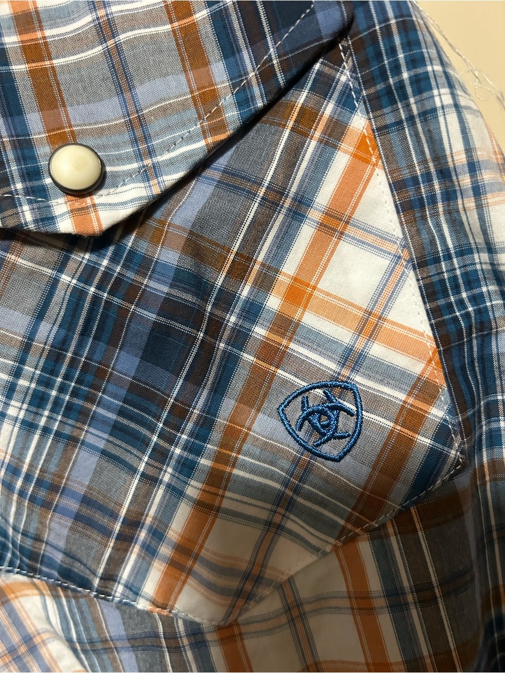 Ariat Blue, White & Orange Plaid Long-Sleeve Button-Down Shirt pro series - Picture 3 of 5